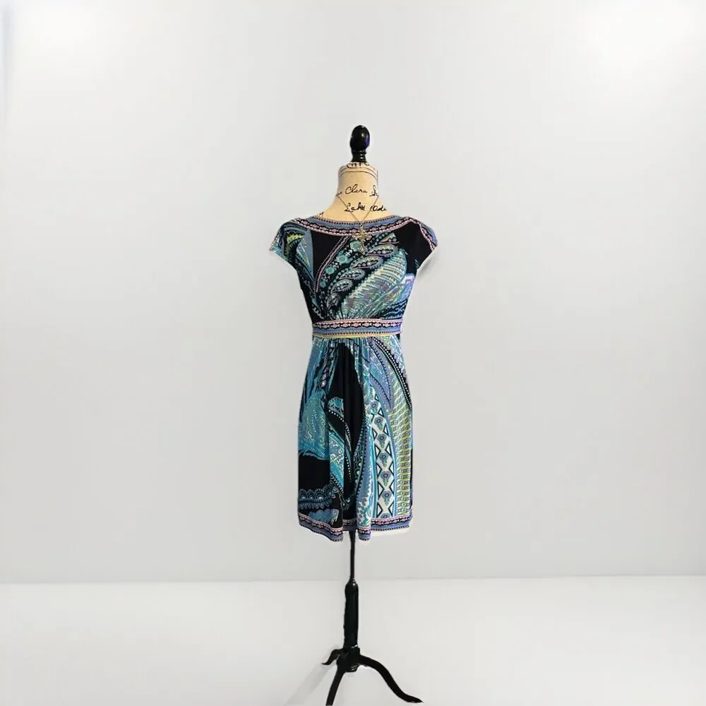 New York and Company Small Bold Multi Color Paisley Dress Stretch Blue Boat Neck - Picture 2 of 5